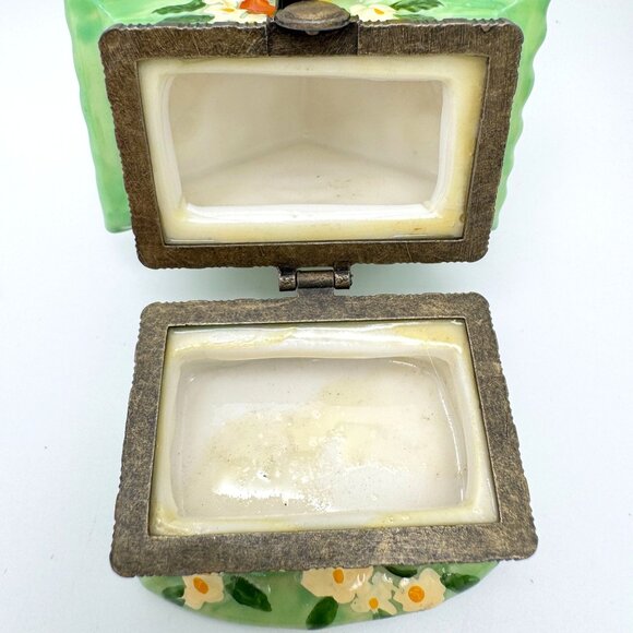 Birdhouse Daisy Flower Porcelain Hinged Green Trinket Box Yellow Bird Snail 2.5" - Picture 4 of 9